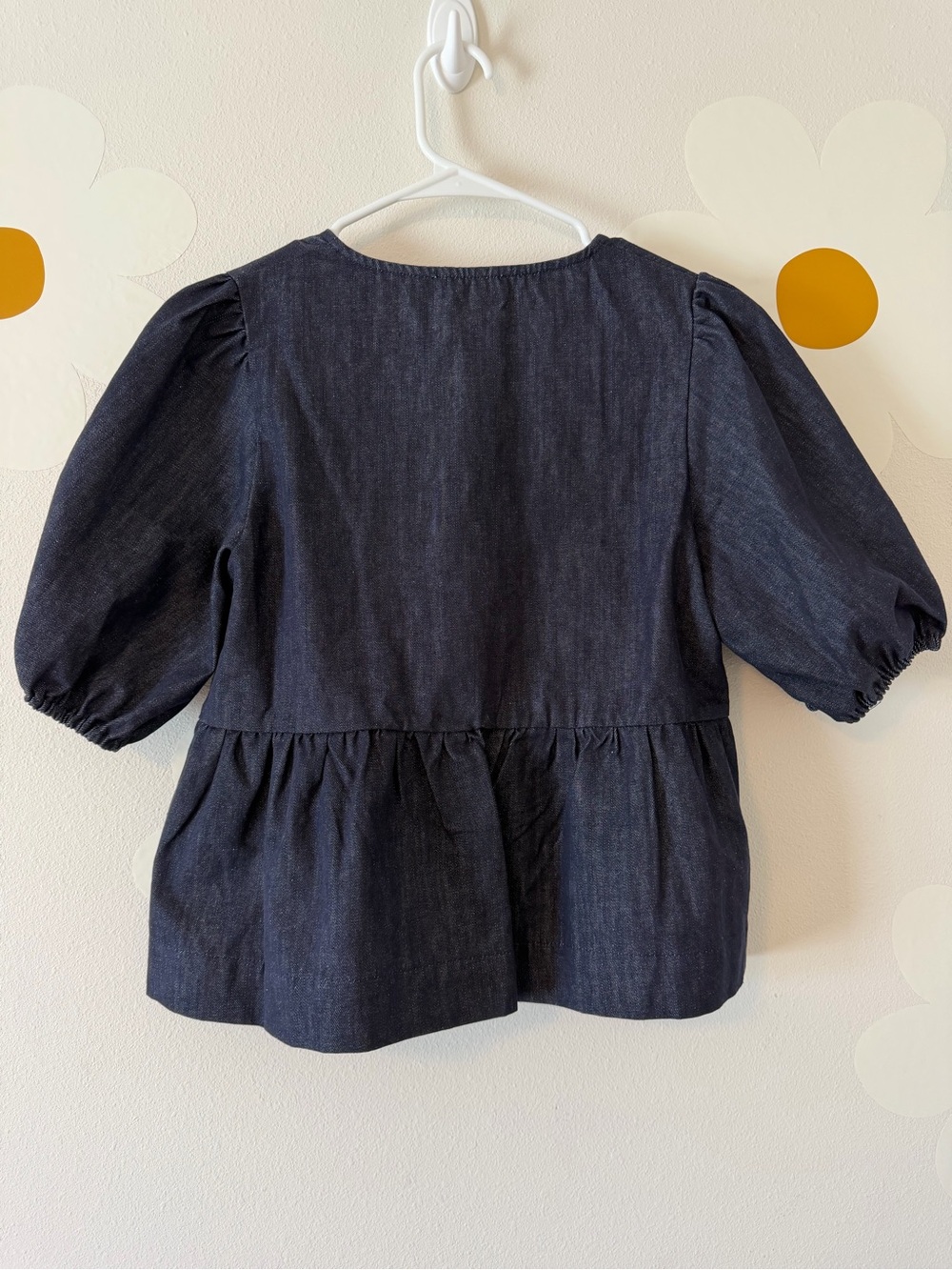 EUC Bohme Navy Chambray Peplum Bow Puff Sleeve Blouse Dark Wash - Picture 7 of 10